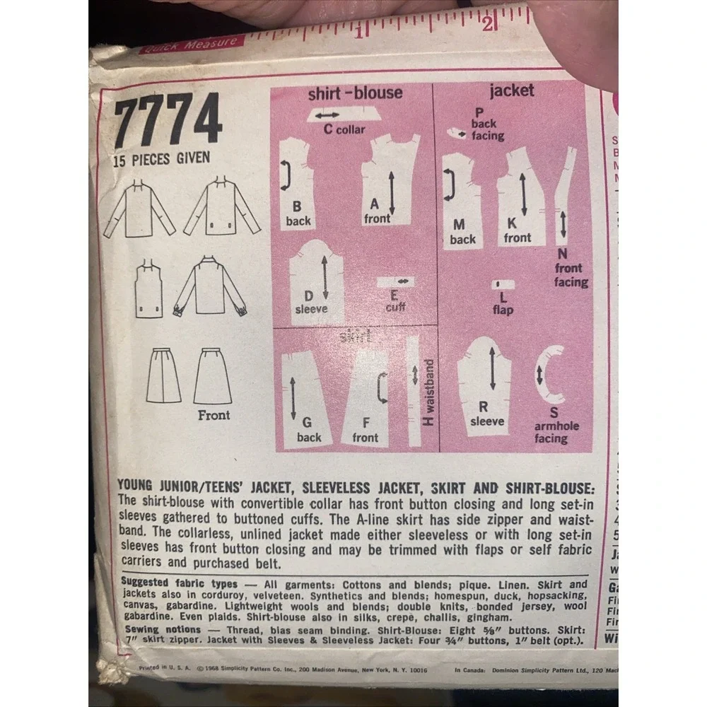 Vintage 60s Simplicity 7774 Sewing Pattern Junior Teen Jacket Skirt Sz 9/10